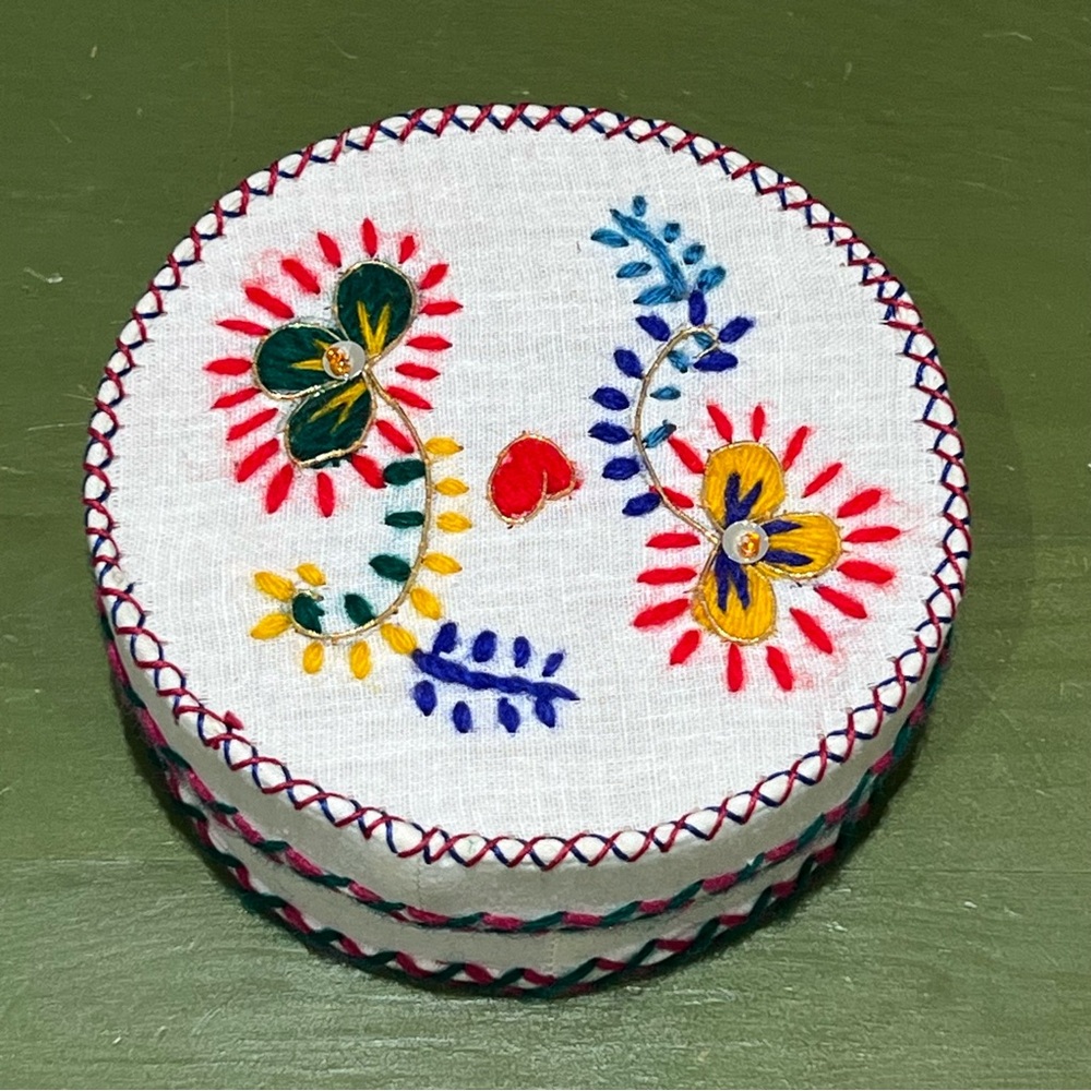 Vintage Embroidered Fabric Trinket Jewelry Box Round Floral
